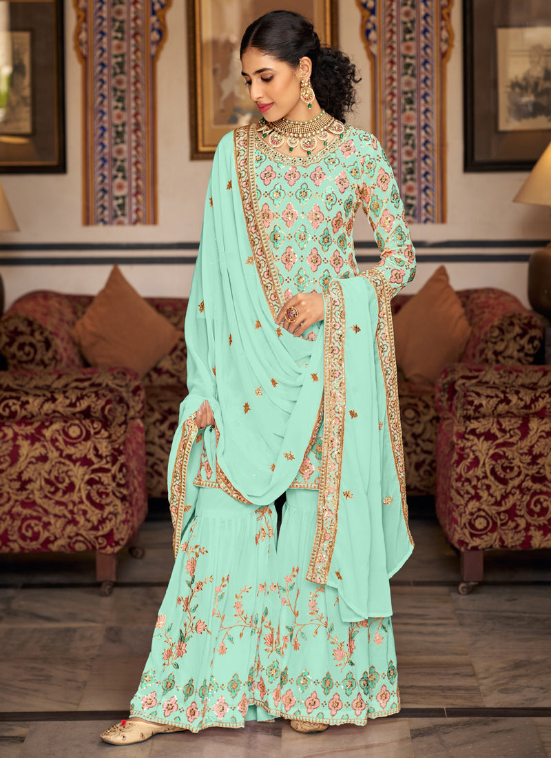 Bottel Green Georgette Embroidered Designer Sharara Suit