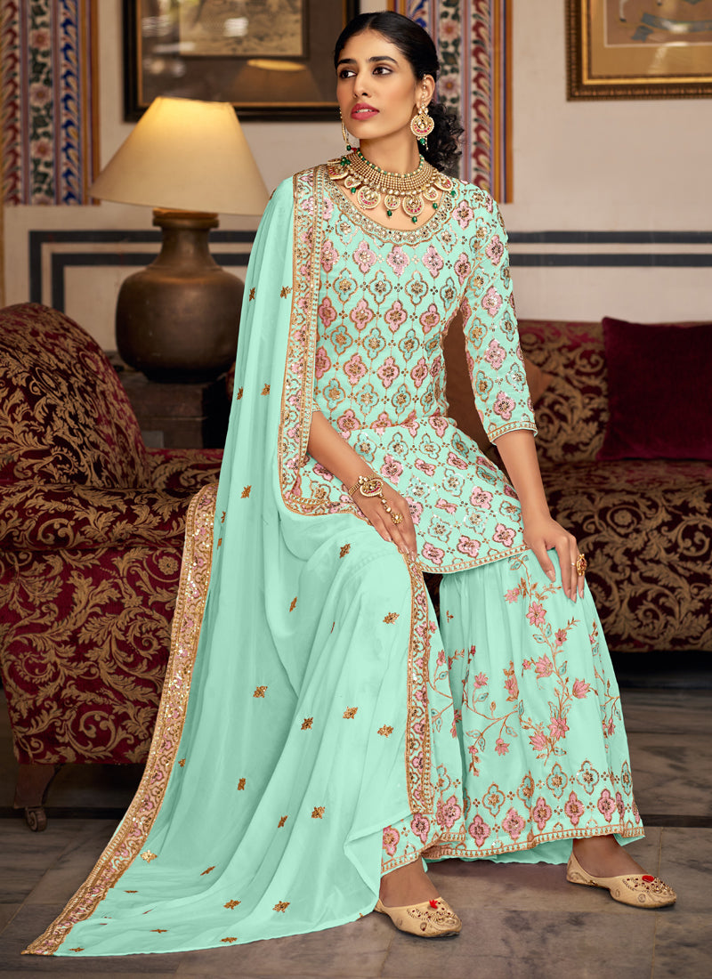 Bottel Green Georgette Embroidered Designer Sharara Suit