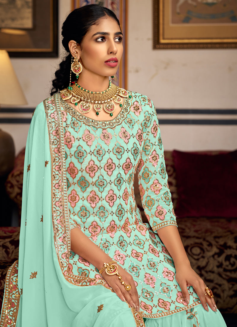 Bottel Green Georgette Embroidered Designer Sharara Suit
