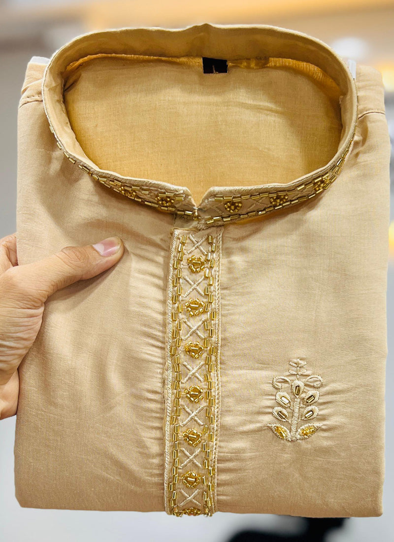 Beige Roman Silk Kurta and Pajama Set for Baby Boys