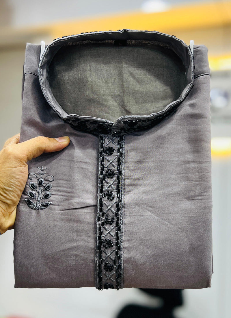 Boys Dark Grey Roman Silk Handwork Kurta and Pajama Set