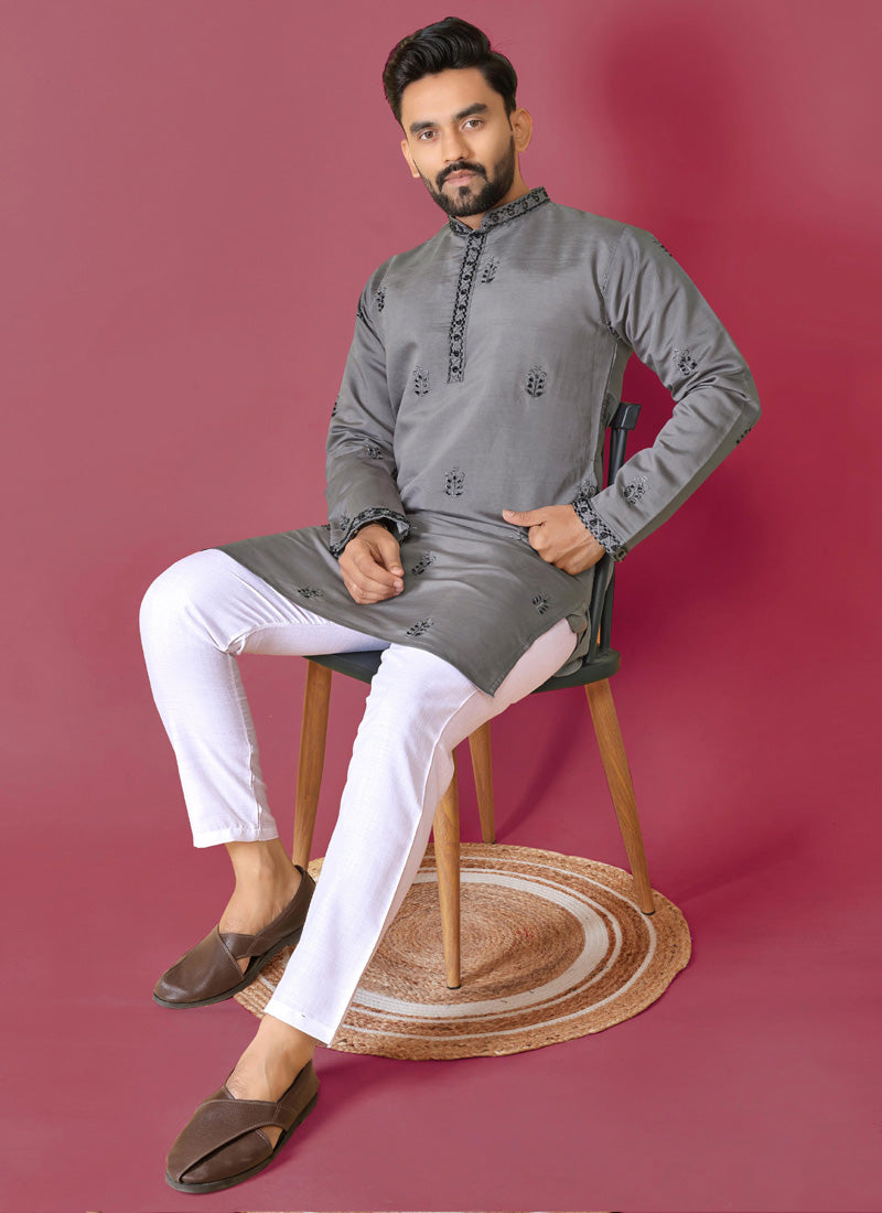 Dark grey Roman silk kurta with handwork and pajama for boys