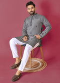 Dark grey Roman silk kurta with handwork and pajama for boys