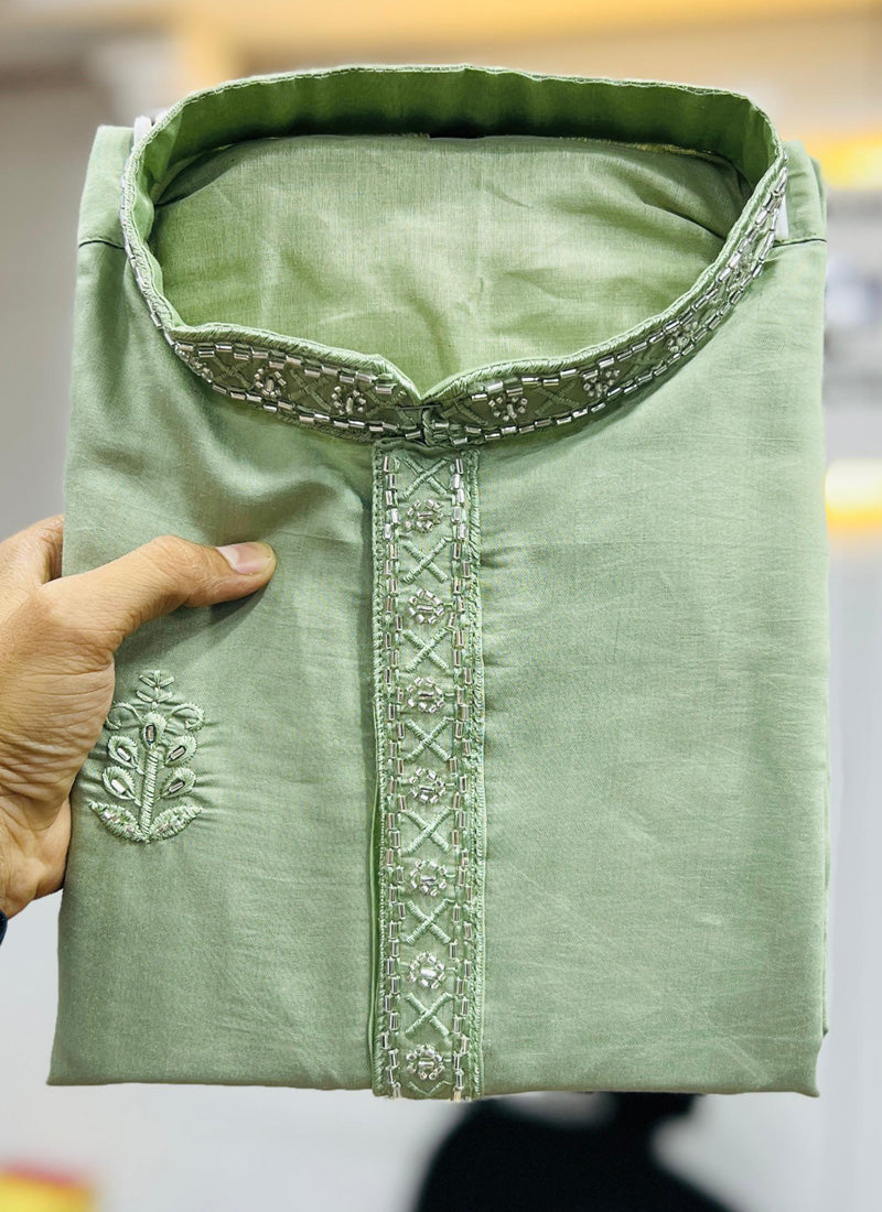 Light Green Roman Silk Handwork Kurta With Pajama for Kids