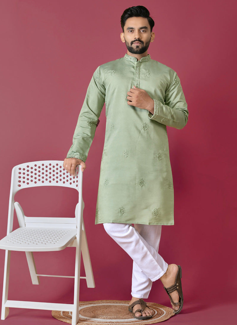 Light green roman silk handwork kurta and pajama set for boys