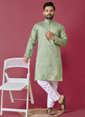 Light green roman silk handwork kurta and pajama set for boys