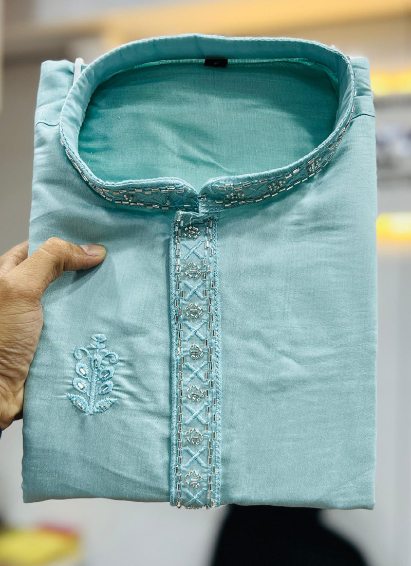 Boys Sky Blue Roman Silk Kurta and Pajama with Handwork