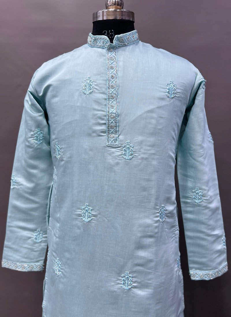 Boys Sky Blue Roman Silk Kurta and Pajama with Handwork