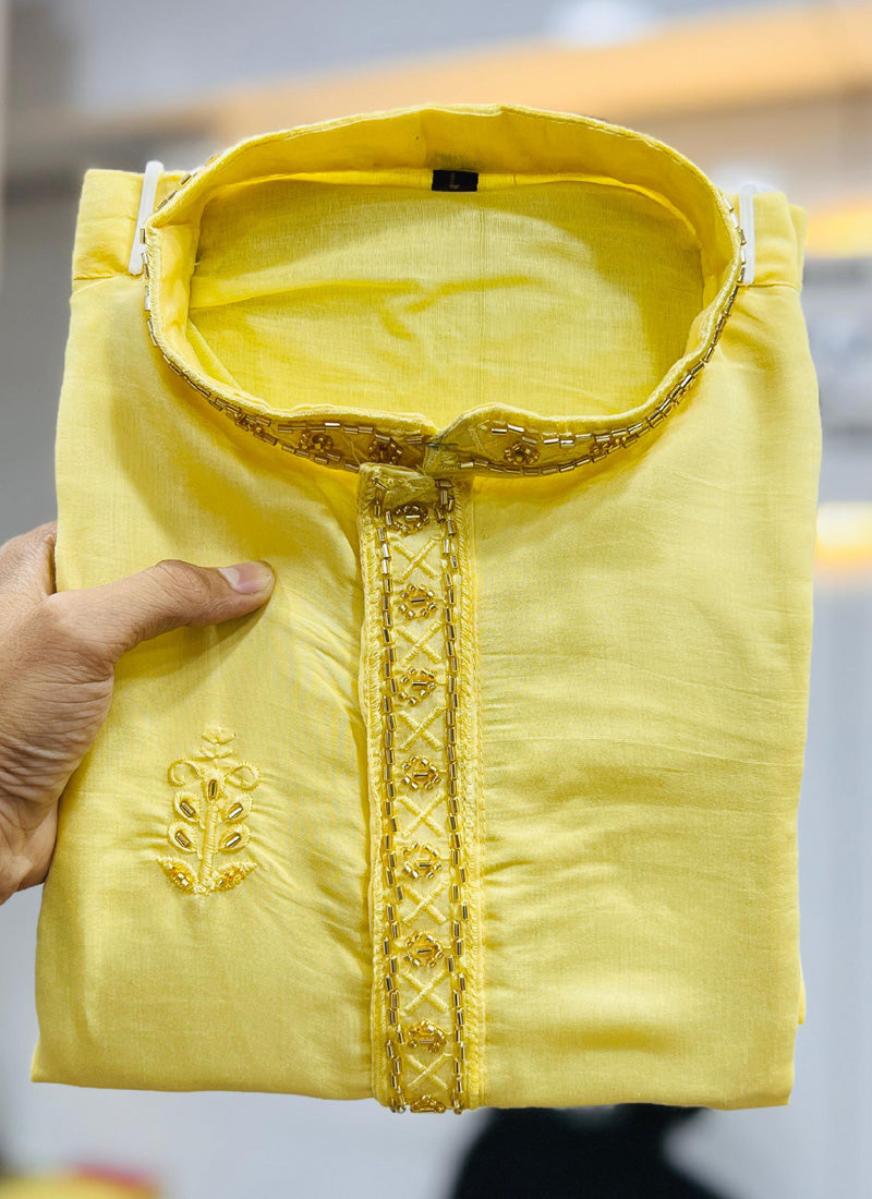 Yellow Roman Silk Handwork Kurta with Pajama for Toddlers