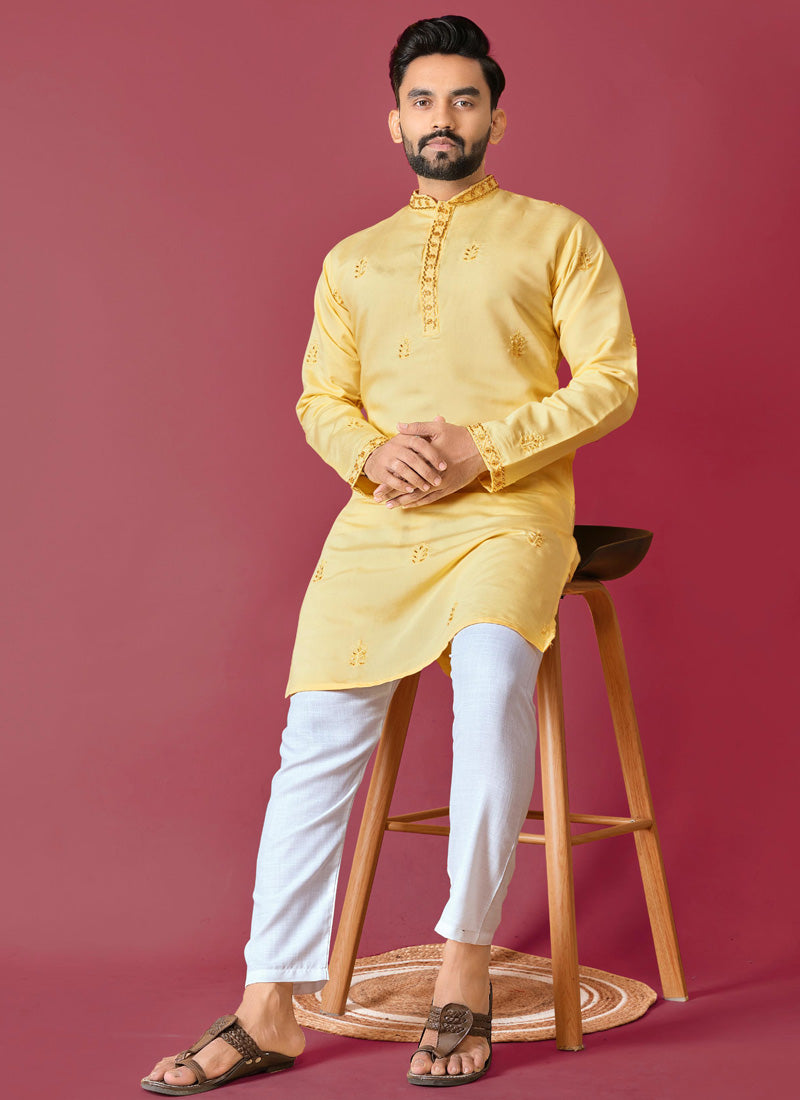 Yellow Roman silk kurta with exquisite handwork embroidery and matching pajama