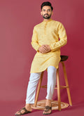 Yellow Roman silk kurta with exquisite handwork embroidery and matching pajama