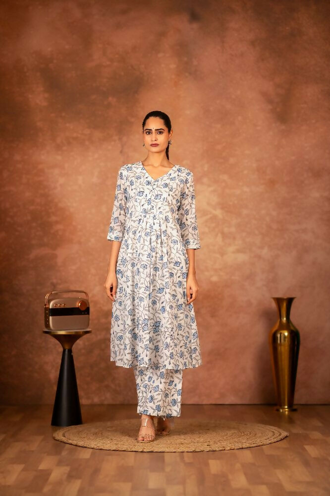 Blue Hand Block Printed Cotton Suit Set for Women