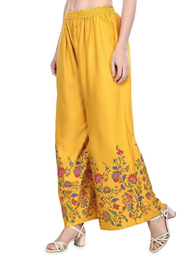 Mustard Floral Design Palazzo Pants - Wide Leg Flowy Trousers