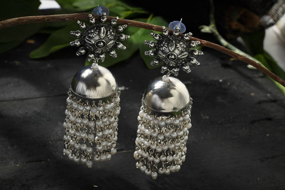Silver-Plated Pearl Jhumka Earrings Traditional Ethnic Jewelry