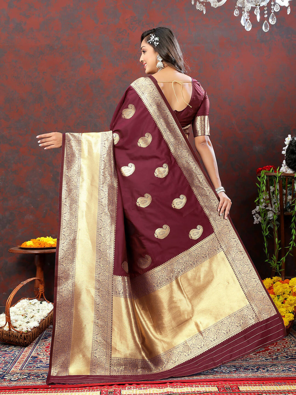 Maroon Soft Silk Saree with Traditional Gold Zari Woven Design