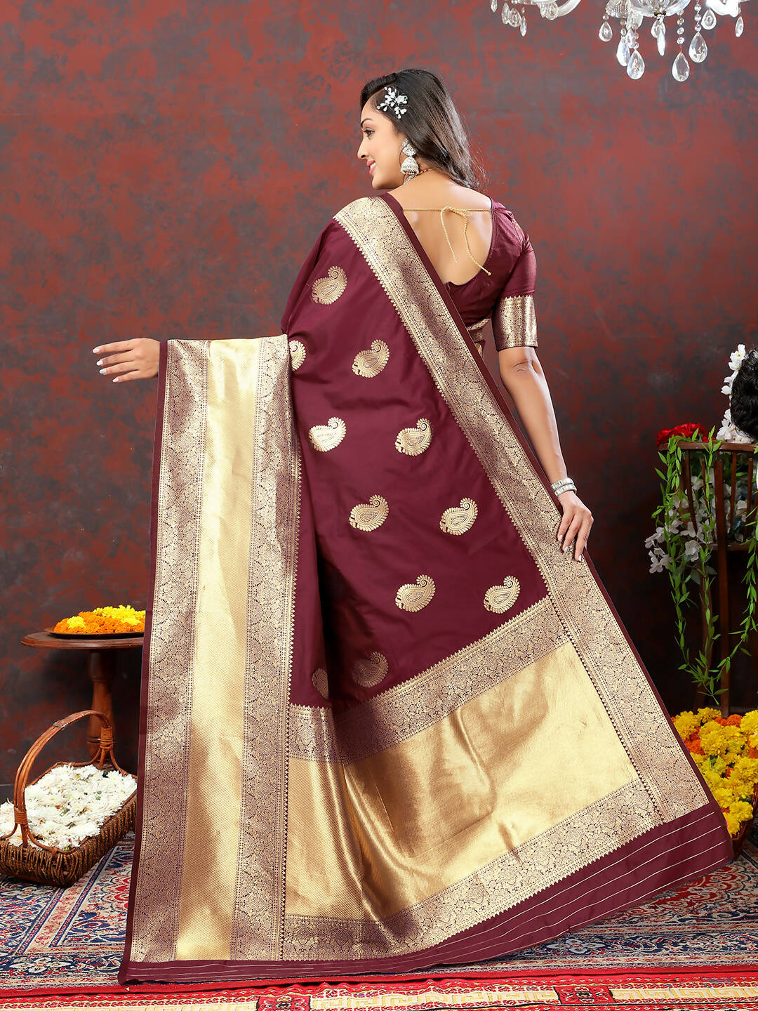 Maroon Soft Silk Saree with Traditional Gold Zari Woven Design