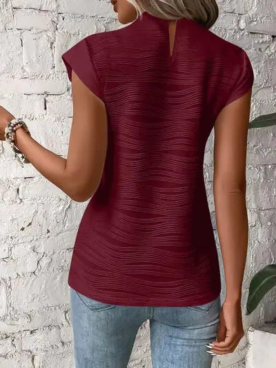 White Textured Wave Pattern Cap Sleeve Top - Image 33