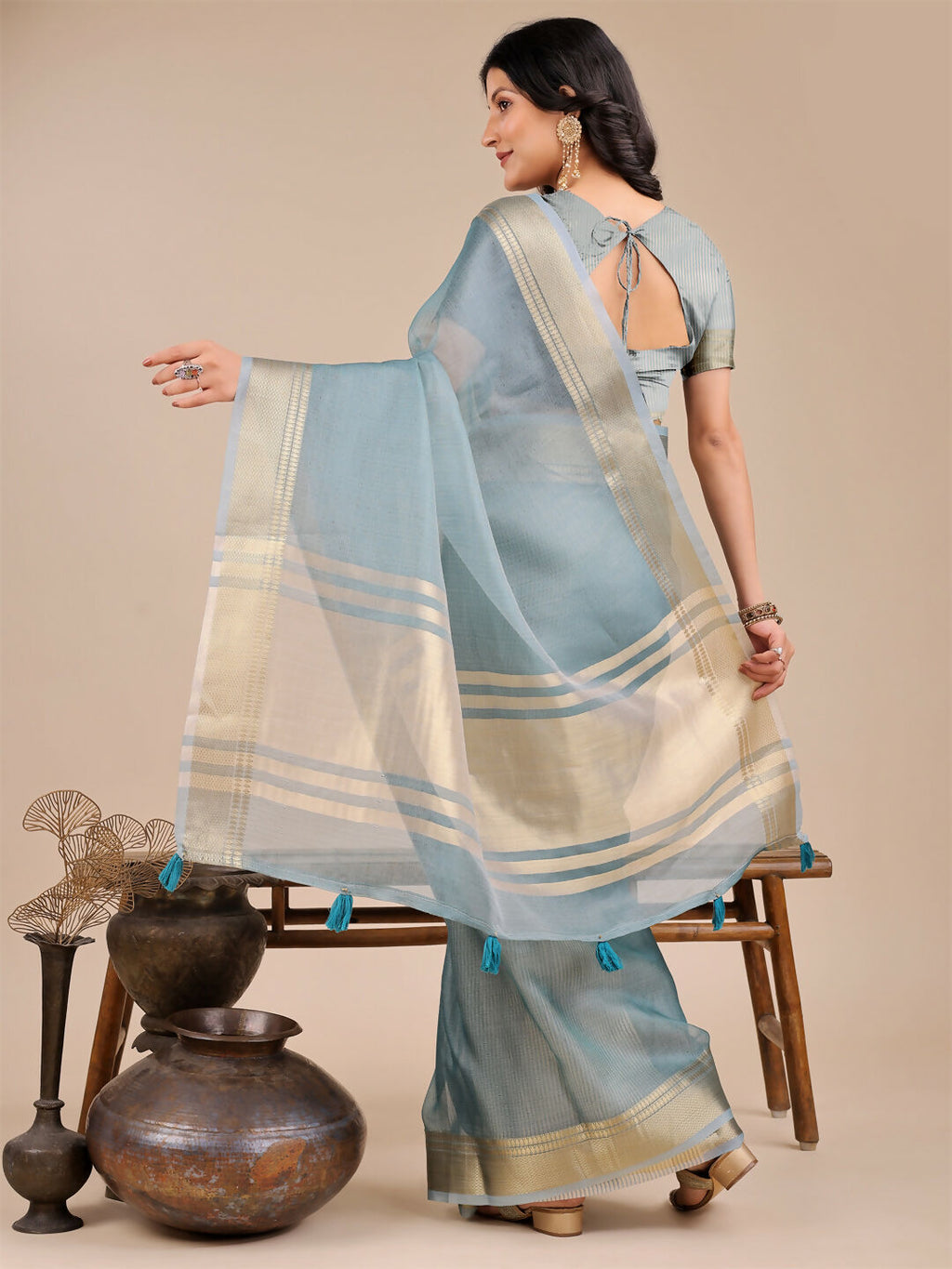 Seoul Sea Green Organza Saree with Matching Blouse