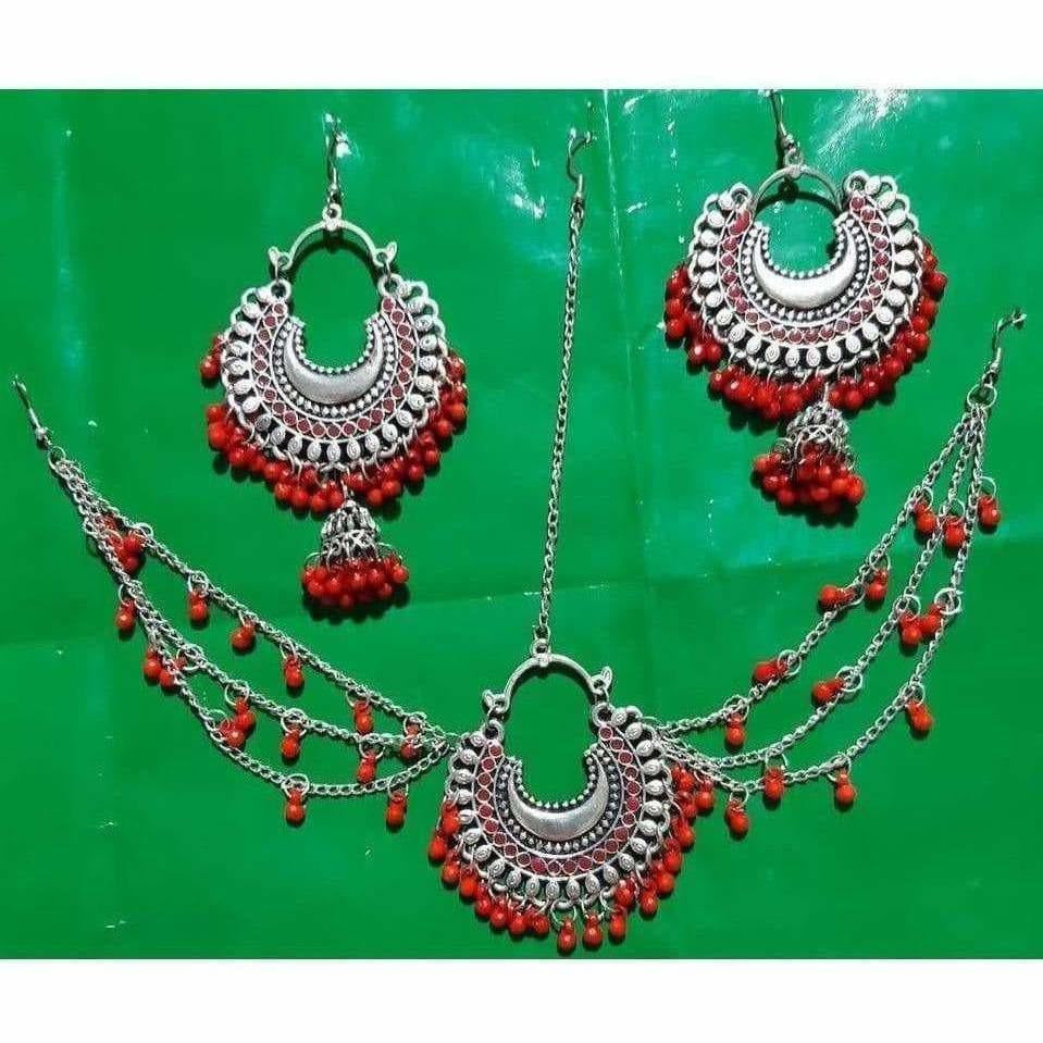Elegant red maang tika and matching earrings set for traditional ethnic wear
