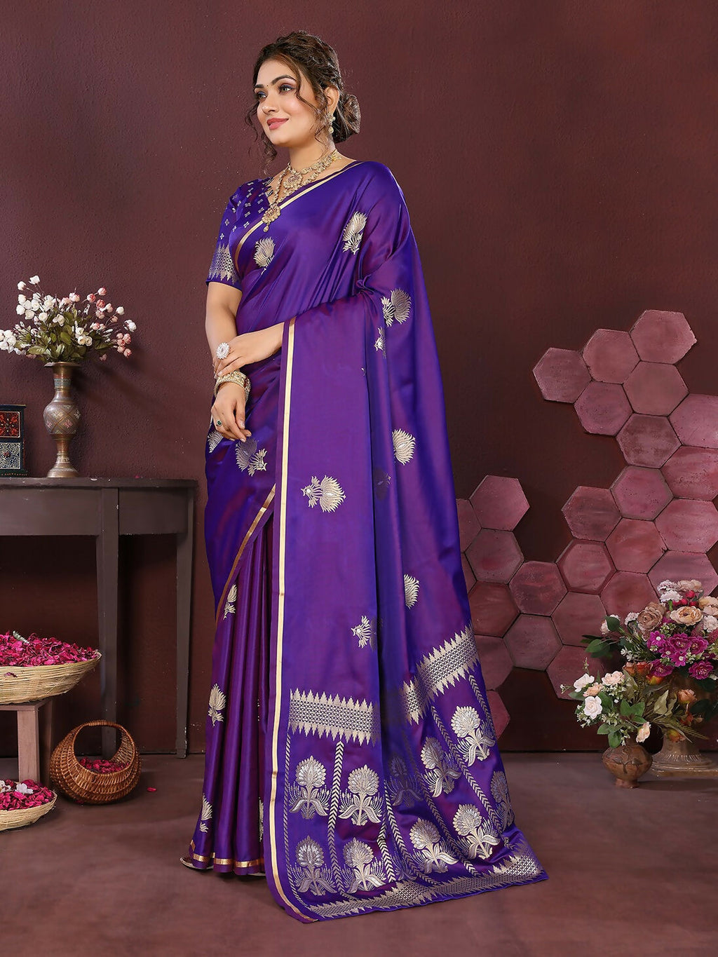 Purple Banarasi Silk Saree with Elegant Floral Motifs