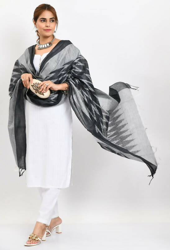 Women's Handloom Cotton Ikkat Black Dupatta Traditional Stole
