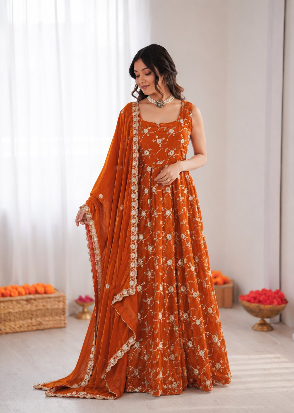 Orange art silk anarkali suit with thread and sequence embroidery