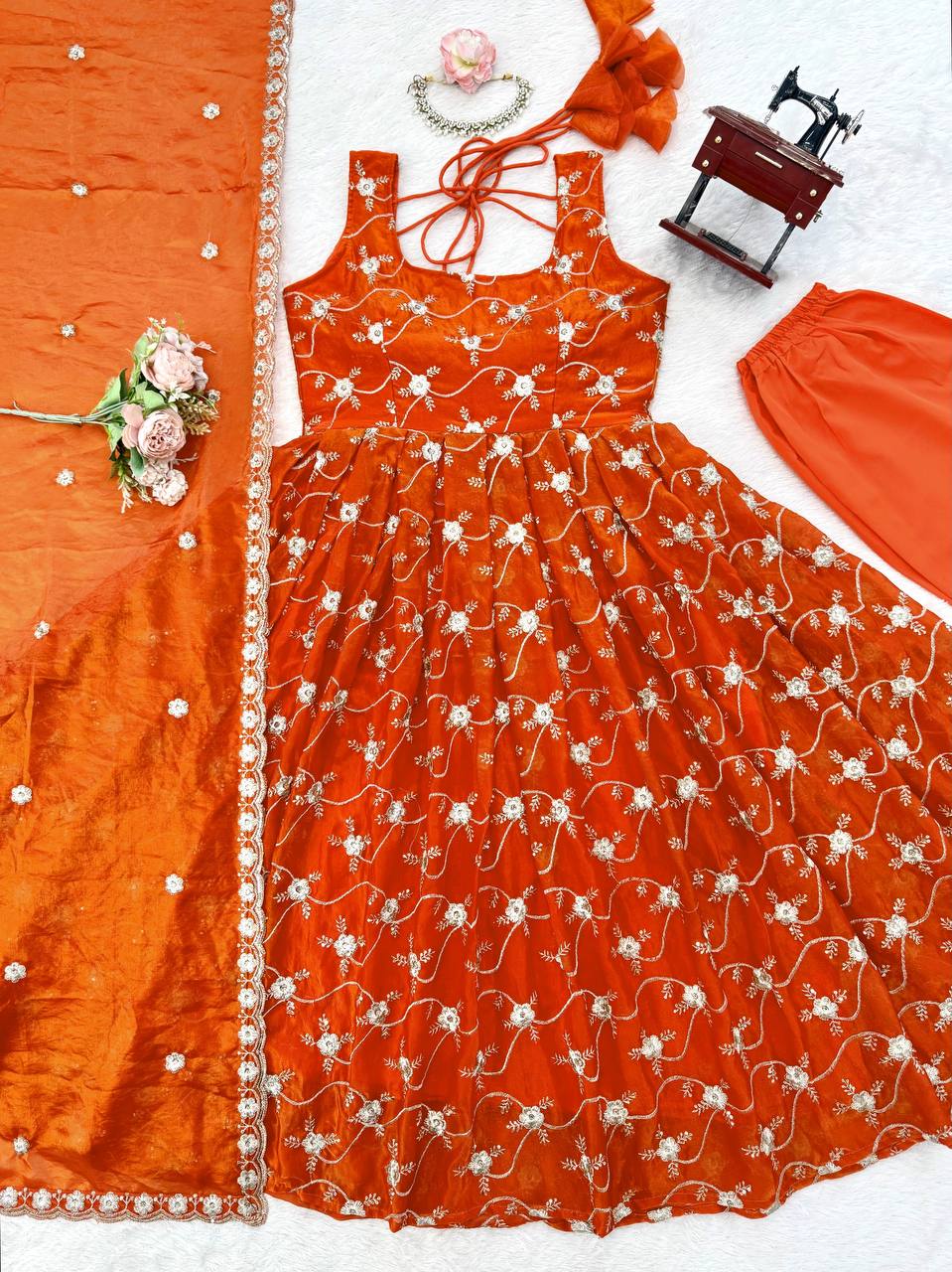Orange Art Silk Anarkali Suit with Sequence Thread Embroidery