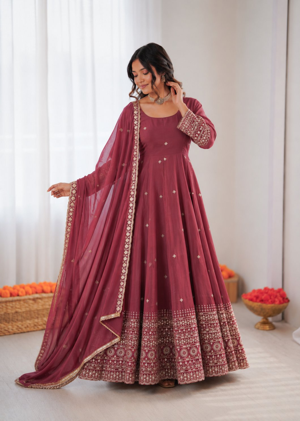 Onion Pink Chanderi Silk Anarkali Suit with Sequence Work