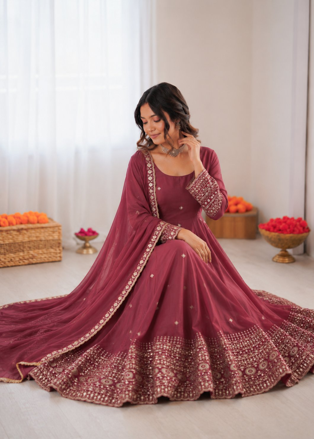 Onion Pink Chanderi Silk Anarkali Suit with Sequence Work