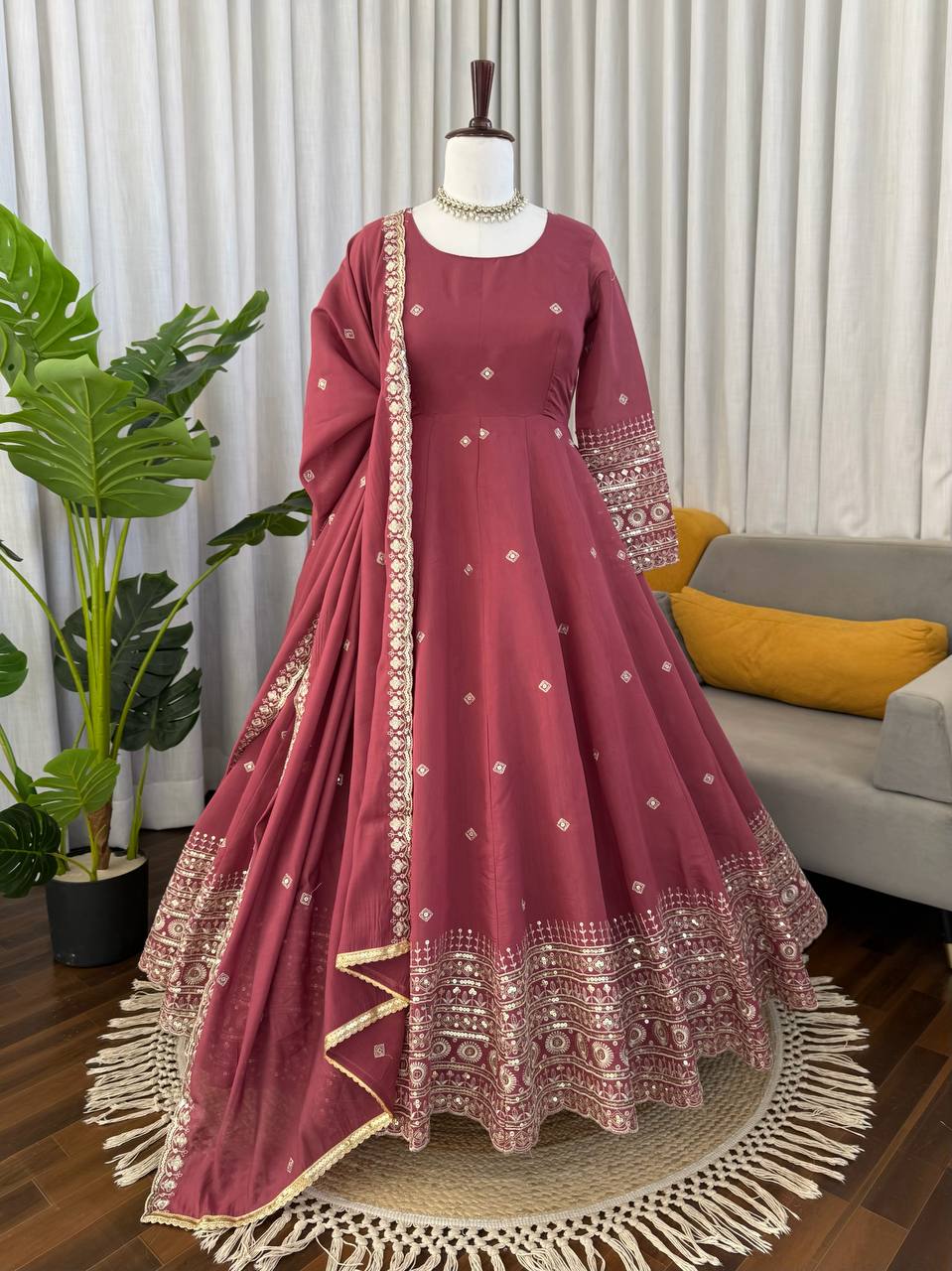 Onion Pink Chanderi Silk Anarkali Suit with Sequence Work