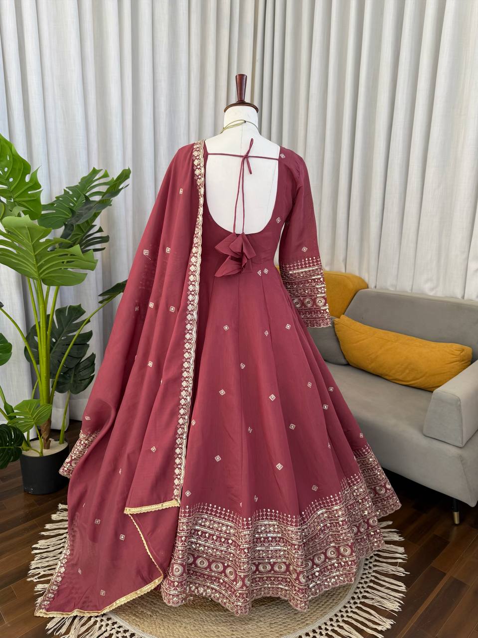 Onion Pink Chanderi Silk Anarkali Suit with Sequence Work