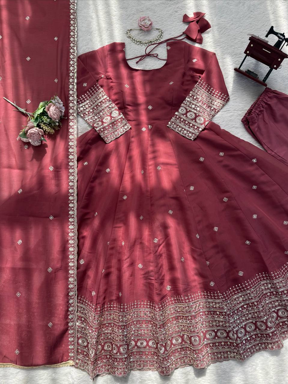 Onion Pink Chanderi Silk Anarkali Suit with Sequence Work