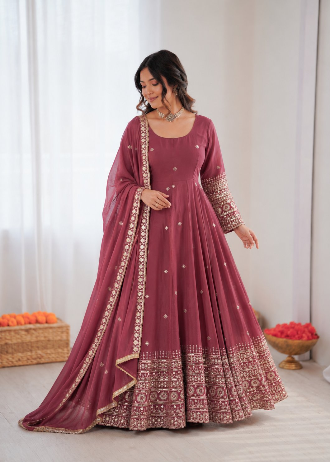 An elegant onion pink chanderi silk anarkali suit with detailed sequence embroidery.