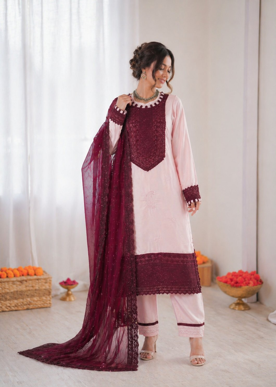 Baby Pink Crepe Salwar Suit Set with Sequence and Thread Work