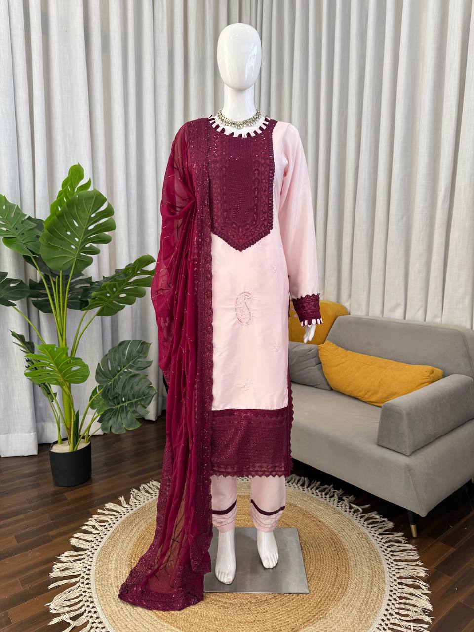 Baby Pink Crepe Salwar Suit Set with Sequence and Thread Work