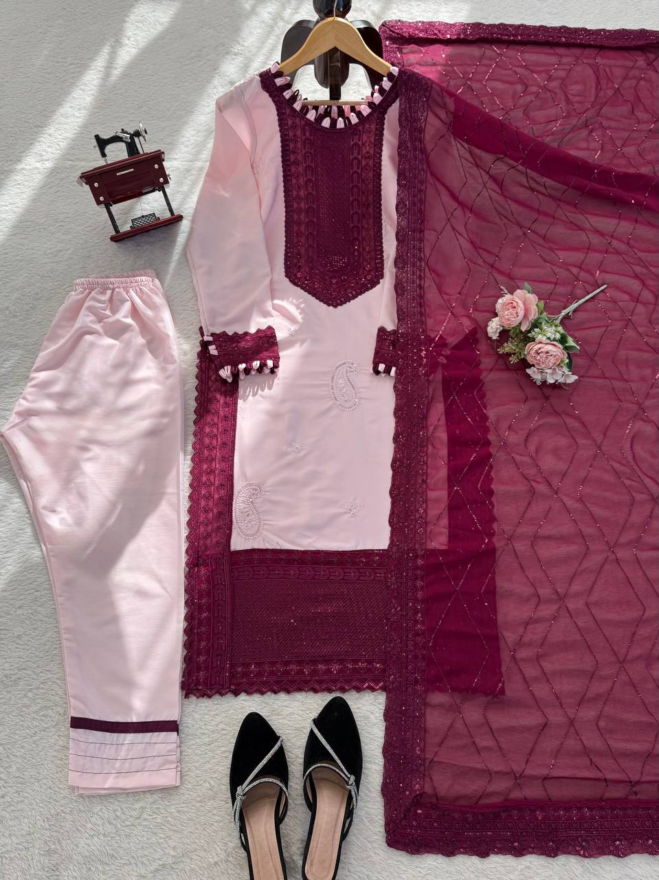 Baby Pink Crepe Salwar Suit Set with Sequence and Thread Work