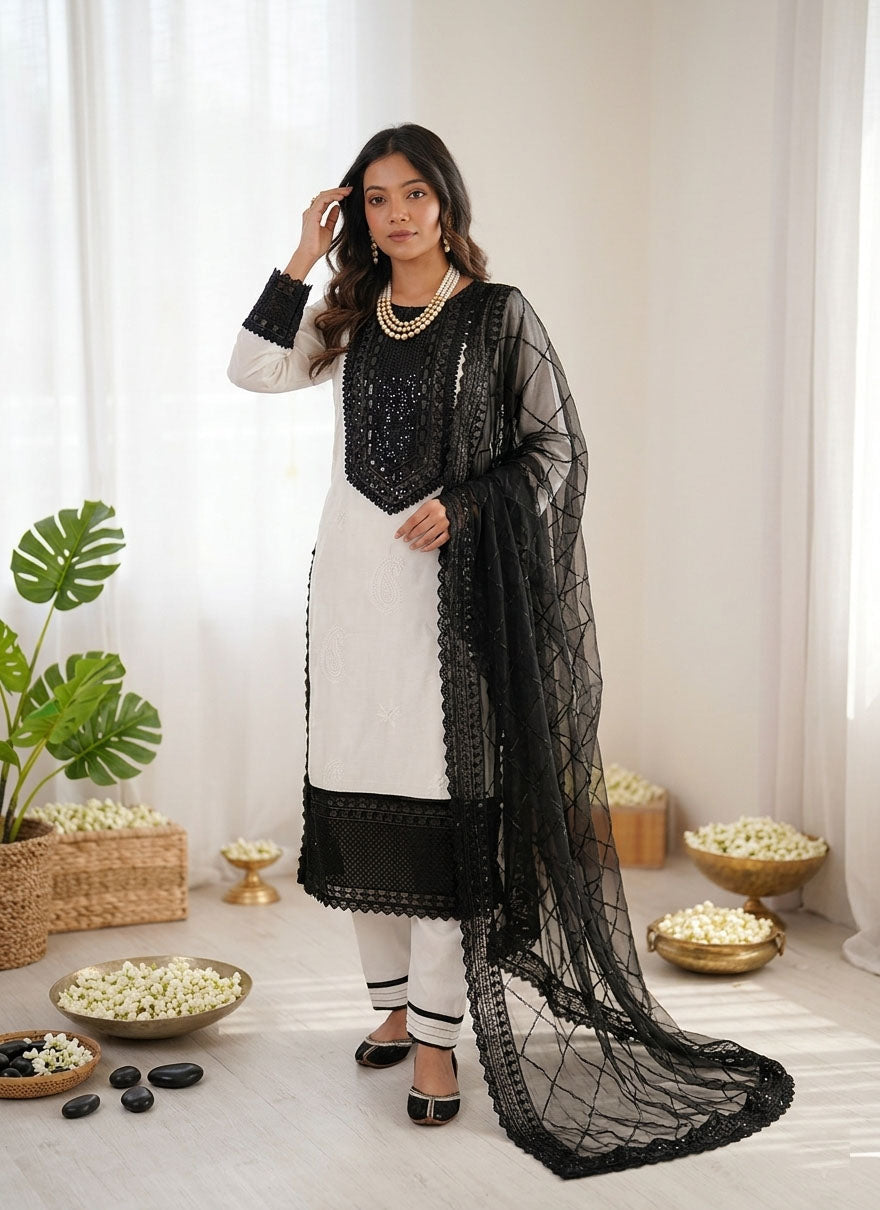 Off White Crepe Salwar Suit with Thread & Sequence Embroidery
