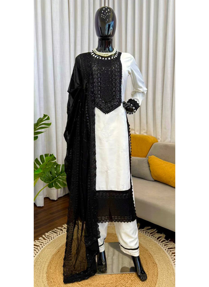 Off White Crepe Salwar Suit with Thread & Sequence Embroidery