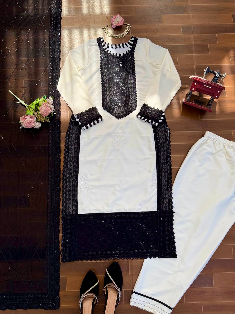 Off White Crepe Salwar Suit with Thread & Sequence Embroidery