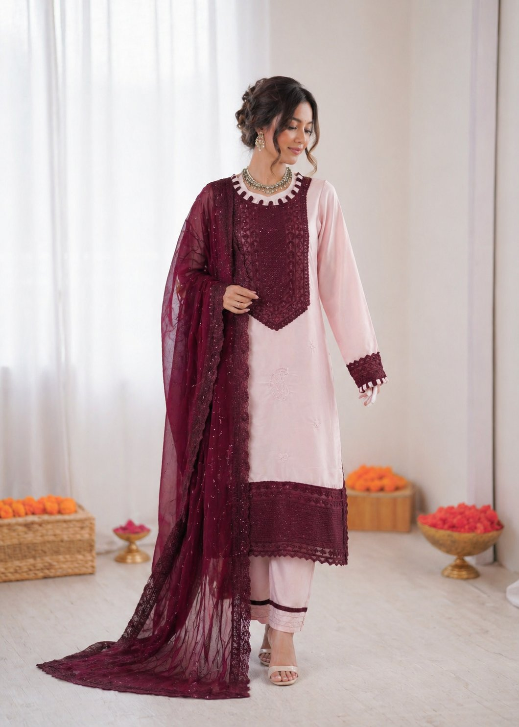 Baby pink crepe salwar suit for kids with sequence thread embroidery and wine dupatta