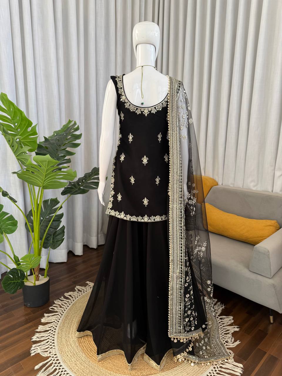Black Georgette Thread & Sequence Work Designer Palazzo Suit