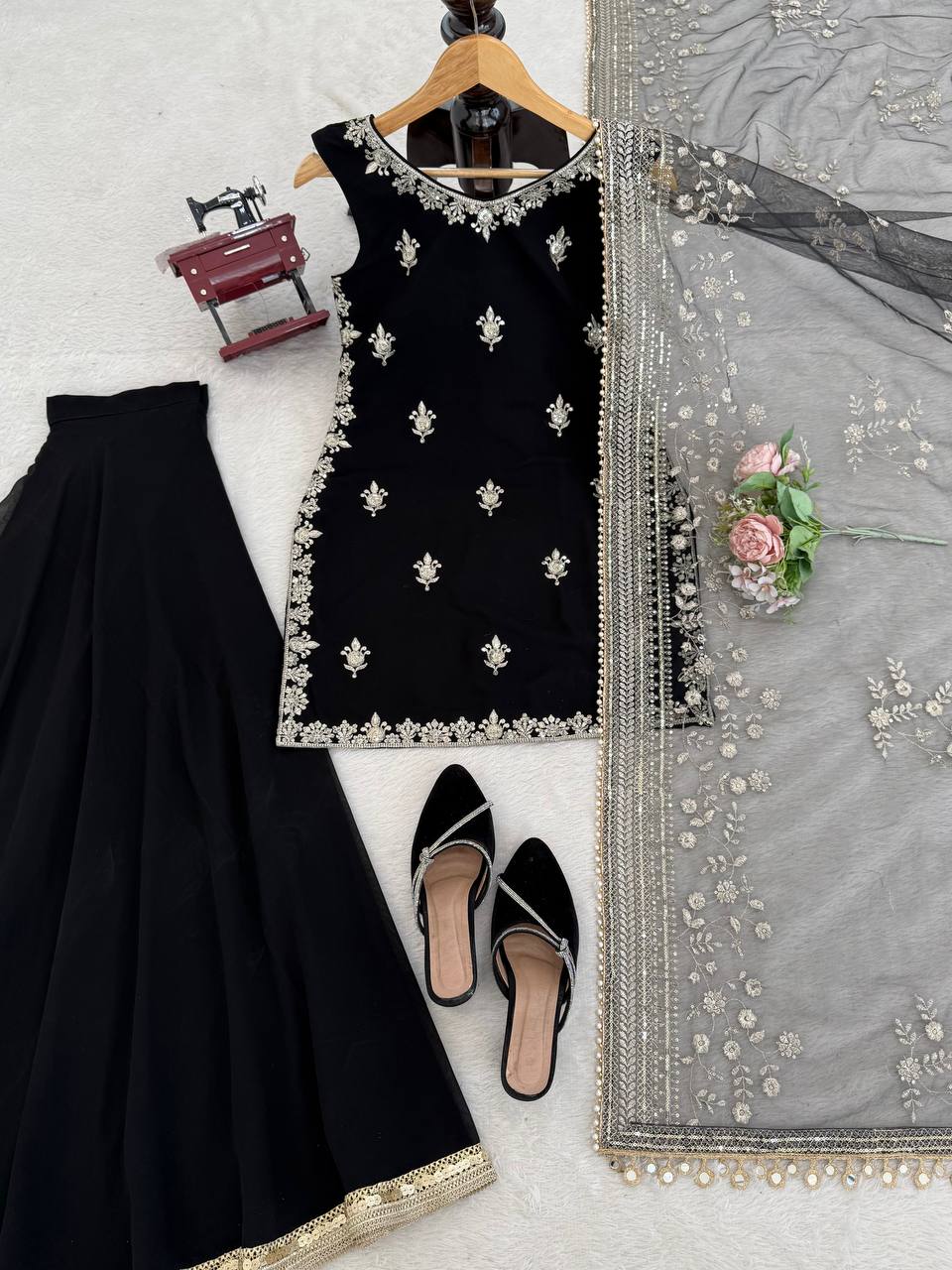Black Georgette Thread & Sequence Work Designer Palazzo Suit