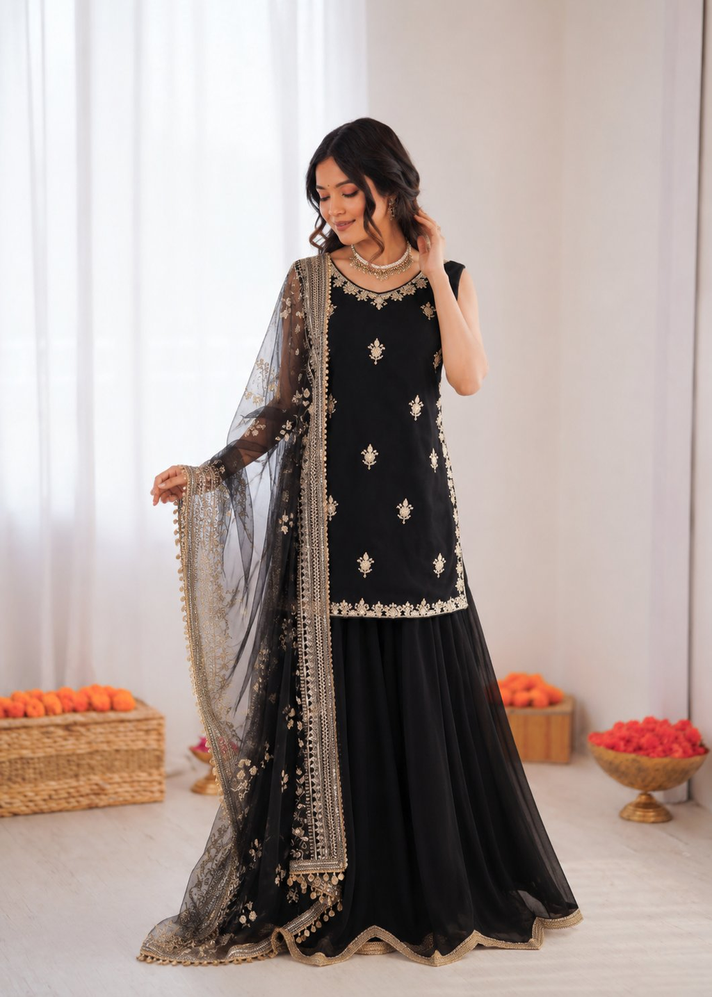 Black Georgette Thread & Sequence Work Designer Palazzo Suit