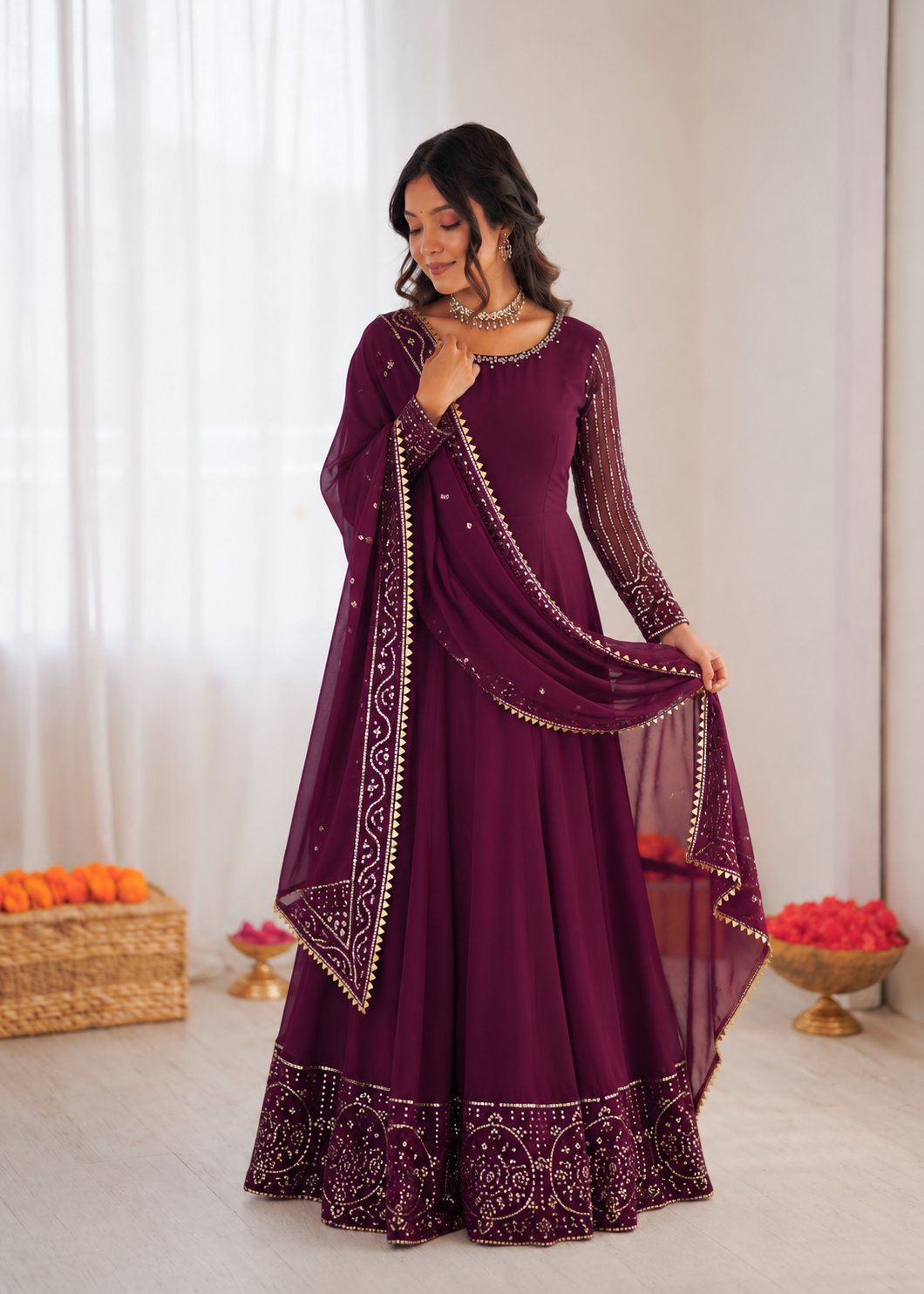 Wine Georgette Thread & Sequence Work Anarkali Suit Set