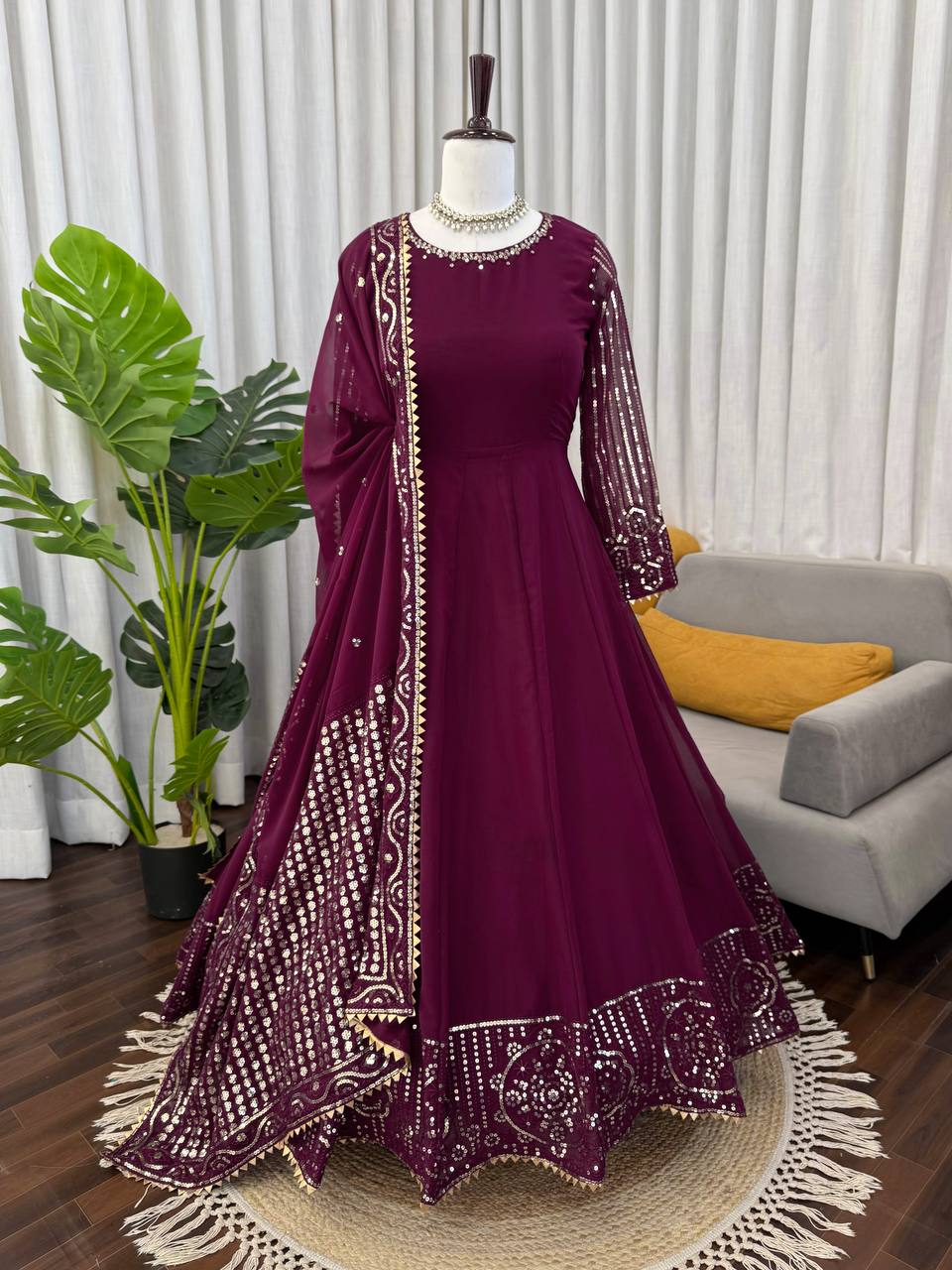 Wine Georgette Thread & Sequence Work Anarkali Suit Set
