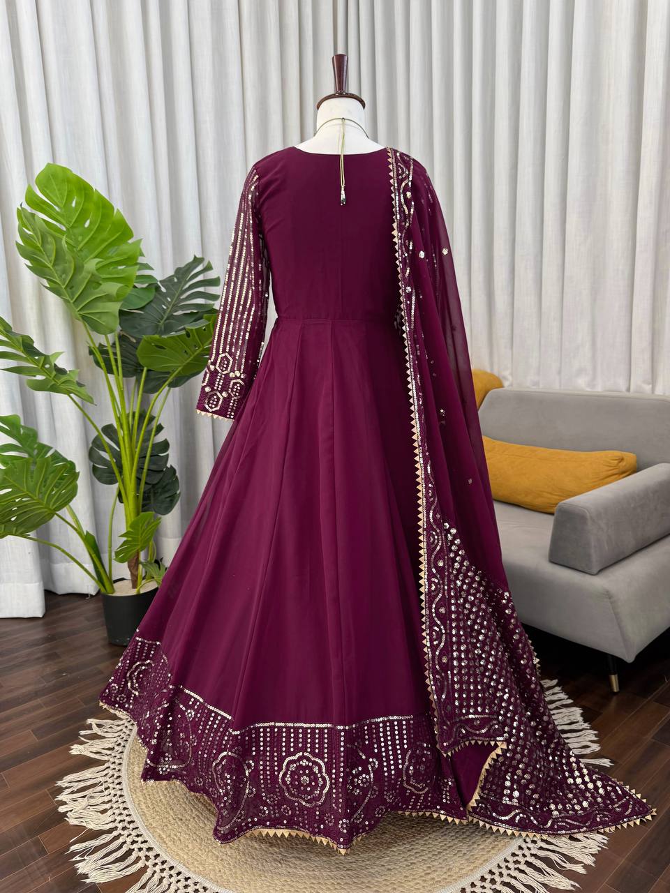 Wine Georgette Thread & Sequence Work Anarkali Suit Set