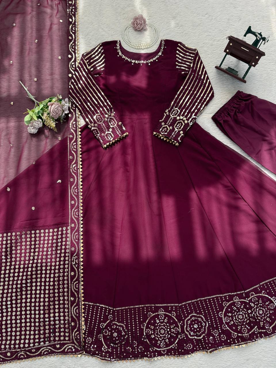 Wine Georgette Thread & Sequence Work Anarkali Suit Set