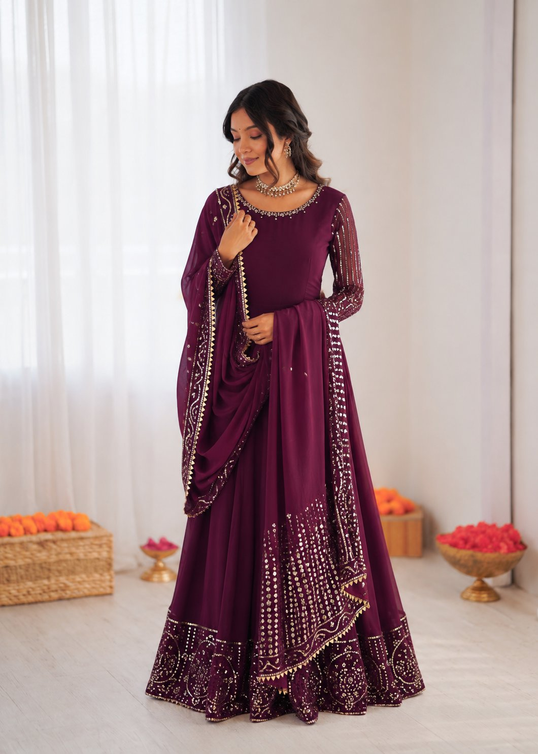 Wine Georgette Anarkali suit with detailed thread and sequence embroidery