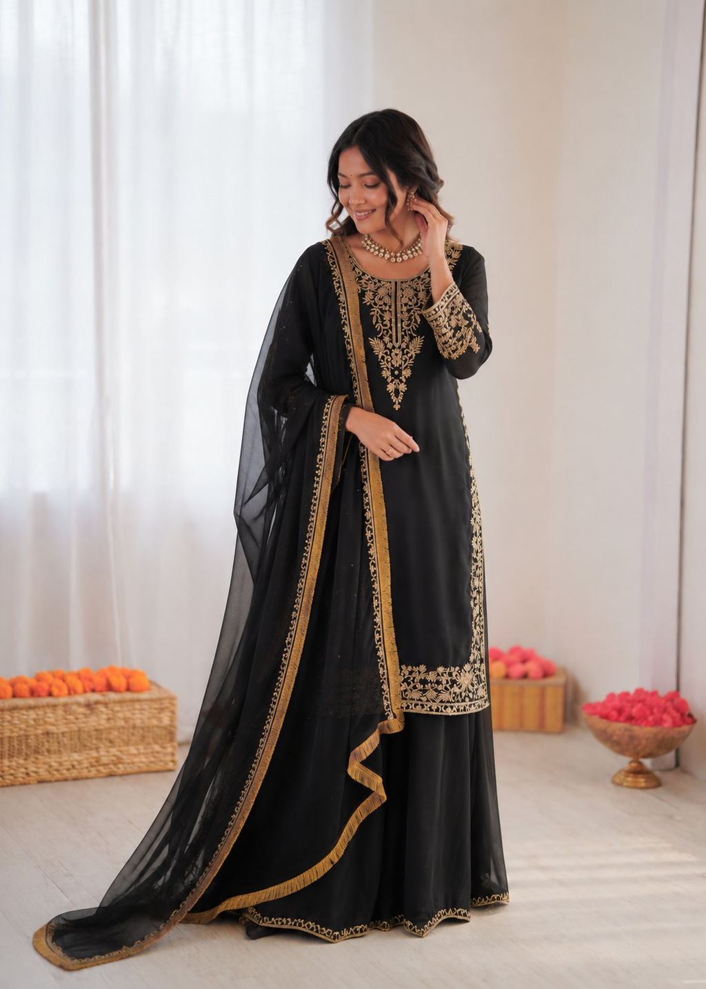 Black Georgette Palazzo Suit with Thread and Sequence Embroidery