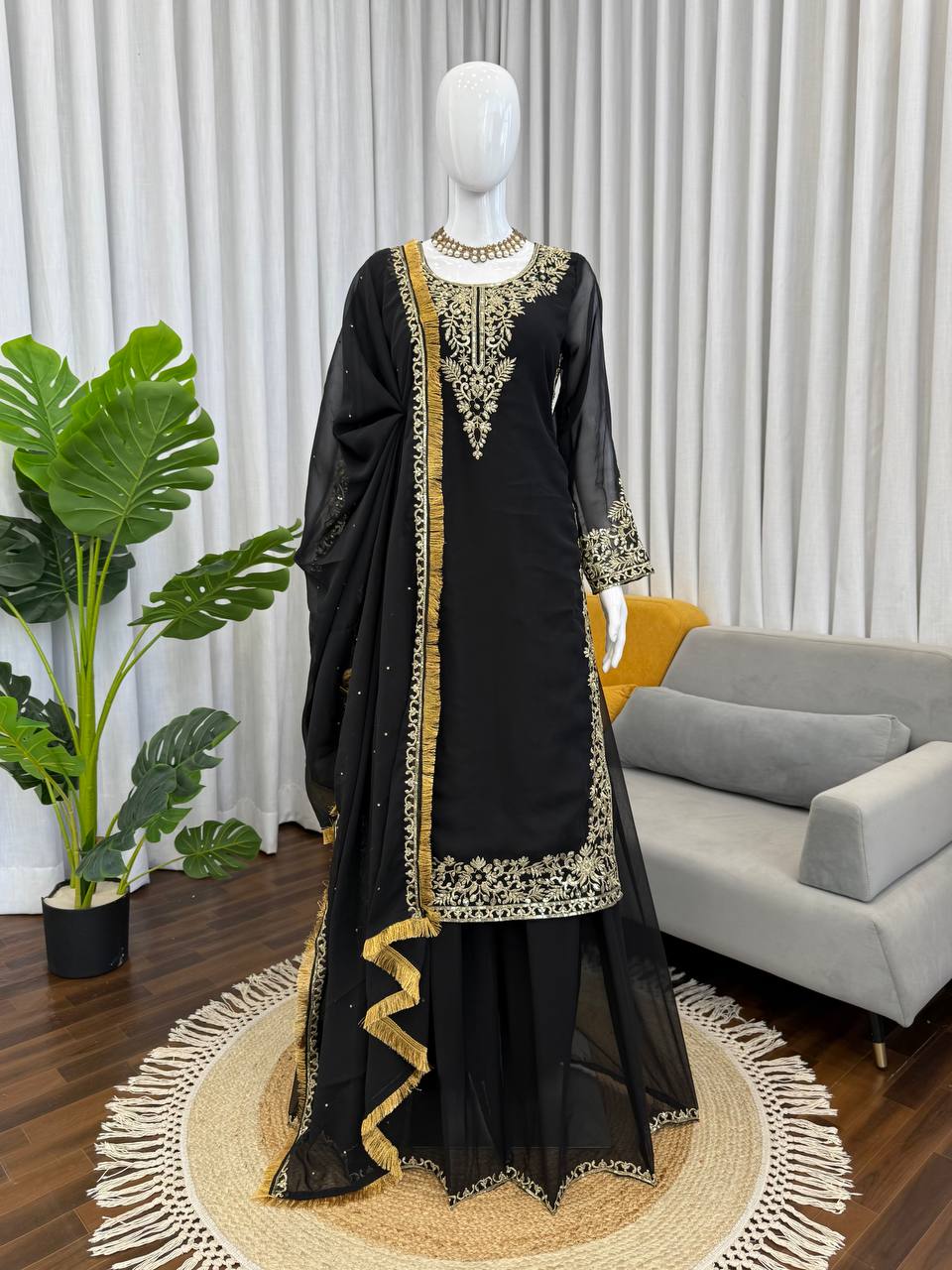 Black Georgette Palazzo Suit with Thread and Sequence Embroidery